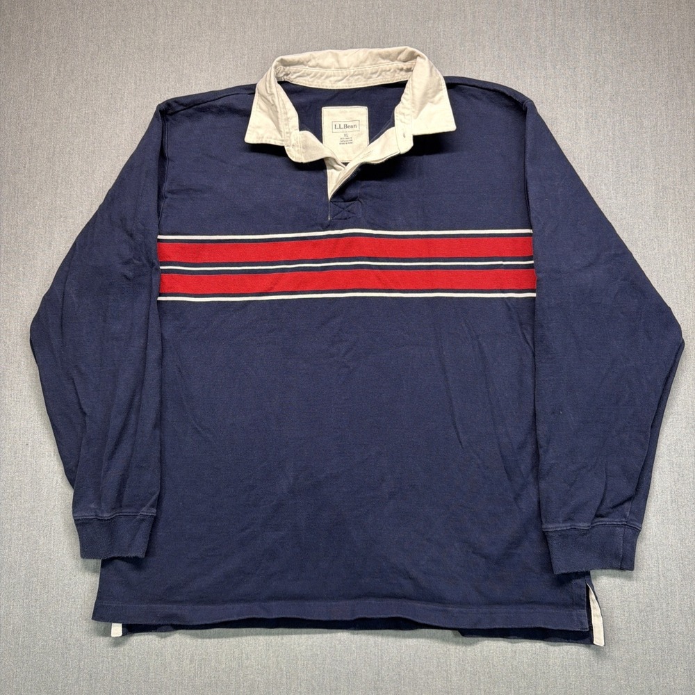 Vintage LL Bean Rugby Shirt Mens XL Navy Blue Heavy Cotton‎ Long Sleeve 90s